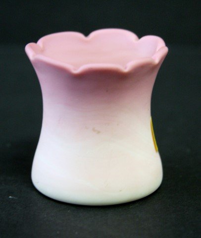 Burmese glass pink toothpick holder: size: 2" height, 2" wide; condition: very good