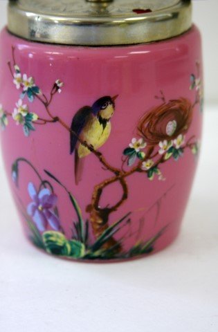 Victorian pink glass covered jar, bird on branch with (1 of 4)