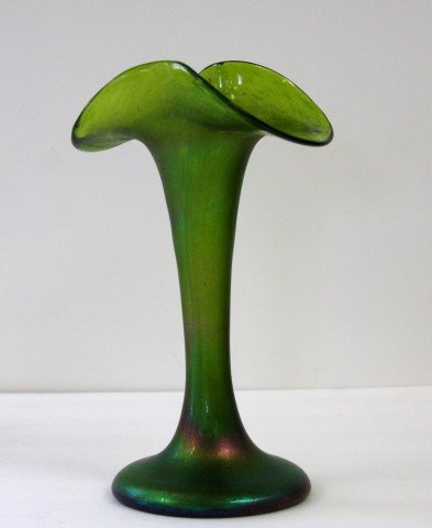 Loetz green tall vase with pinched top (1 of 7)