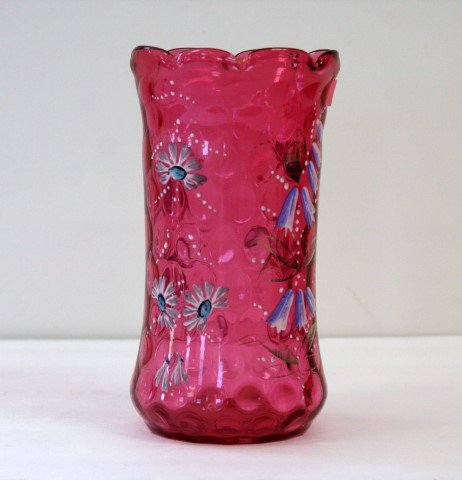Moser cranberry glass vase with enamel thistles (1 of 5)