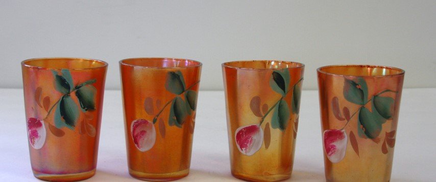 four Carnival Glass tumblers, handpainted floral: size: 4" height, 3" wide; condition: all four very good