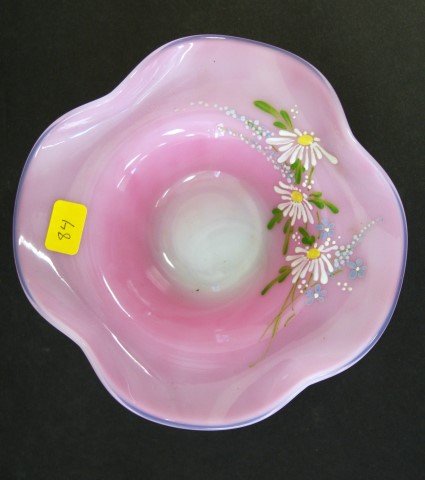 pink glass free form dish with floral enamel decoration (1 of 5)