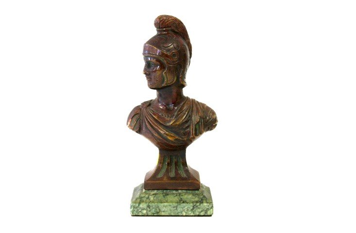 composition bust of Roman soldier: size: 9" height, 4" wide, 2 2/4" depth; condition: very good