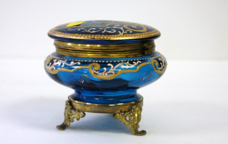 Moser blue glass covered dresser box, fancy gold & (1 of 7)