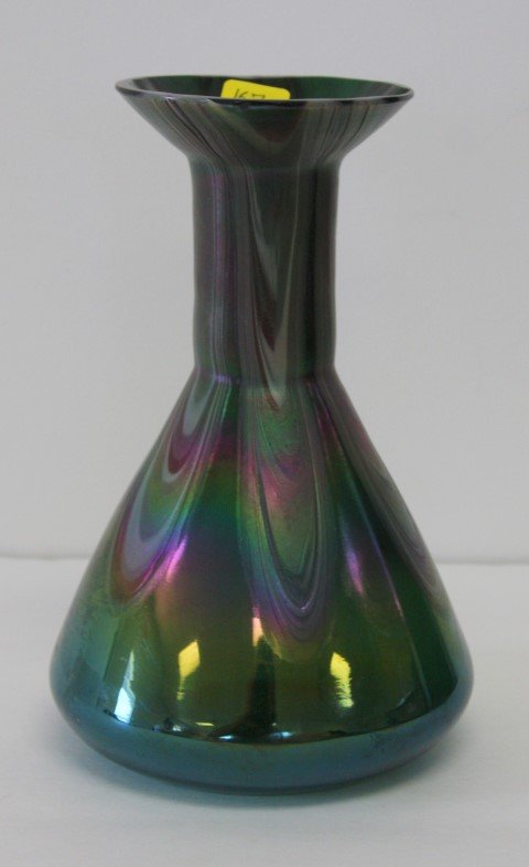 Art Glass Vase: Art glass vase. Beaker form. Pulled iridescent design; 7in. H. x 5in. W.