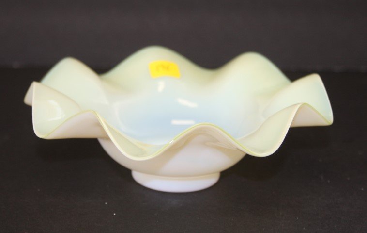 Victorian Opaline Glass Dish: Ruffled rim; 2in.H. x 6in.D.