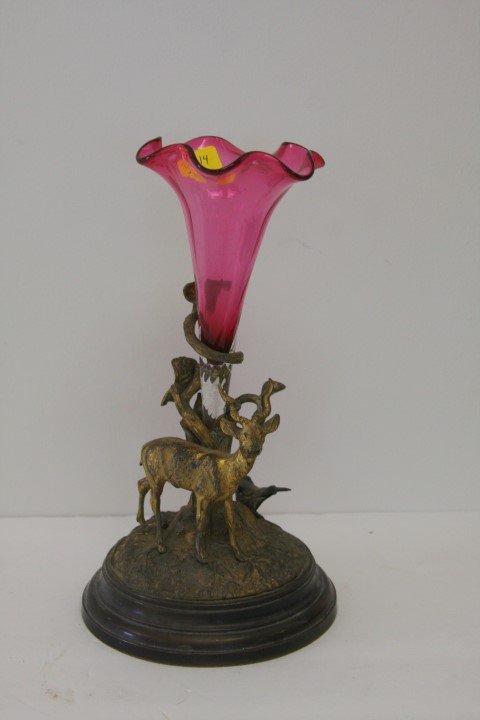 Vienna Bronzed and Glass Epergne: Bronzed figural holder with stag. Cranberry glass insert; 9.5in.H. x 5in.