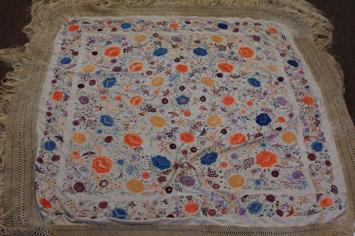 Antique Silk Embroidered Coverlet: Floral decorated coverlet; 55in.