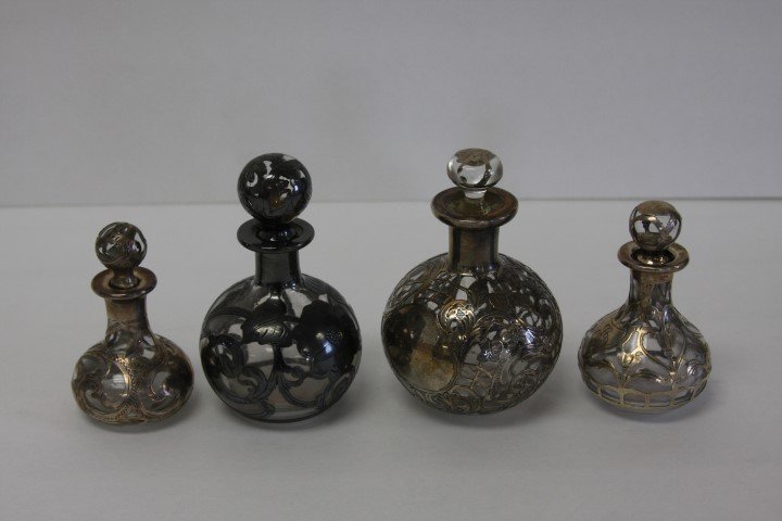 Four(4) Silver Overlay Glass Dresser Bottles (1 of 3)