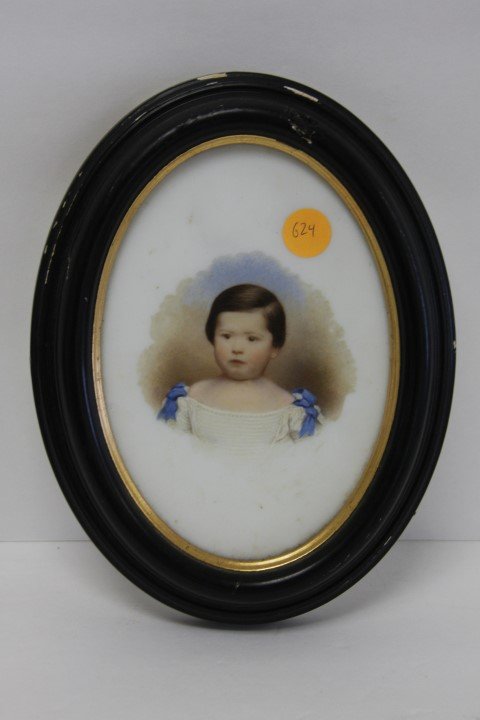 Victorian Painted Glass Plaque: Painted oval glass plaque. Young Oriental girl; 6.5in. X 4.5in.