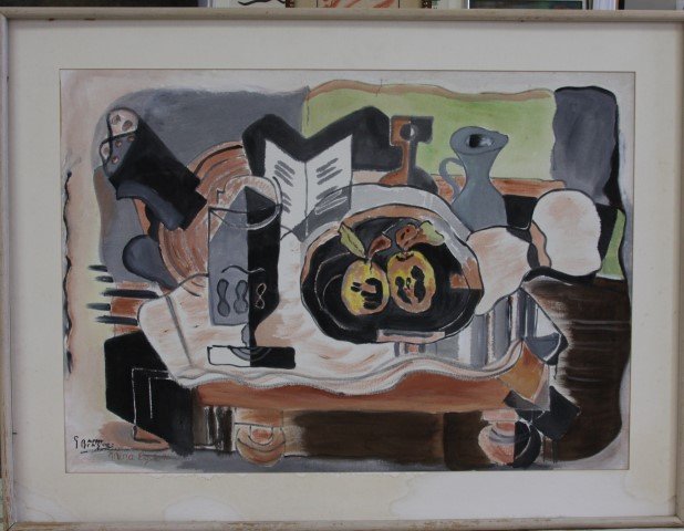George Braque(after); Oil Painting Signed: Oil on canvas(mounted on board); Cubistic Still Life bears signature; 28.5in. X 40.5in.