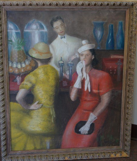 William Glackens(after); American Pastel Signed: Pastel on board, The Soda Fountain after William Glackens. Bears initials W.G.; 30in. X 24in.