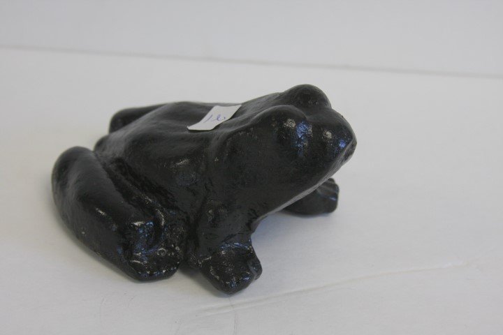 Antique Cast Iron Doorstop: Painted cast iron doorstop. Bullfrog; 3in.H. x 5in.L. x 4.5in.W.