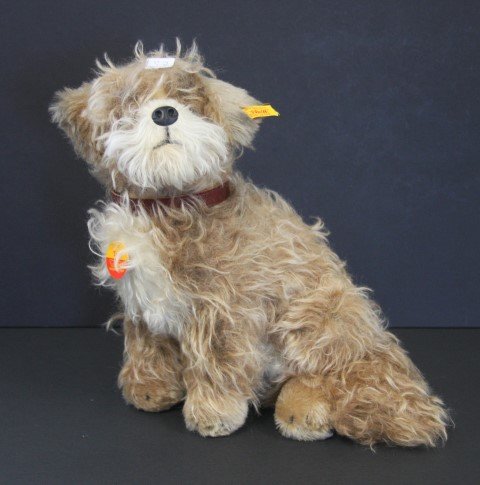 Steiff Stuffed Terrier: Treff. Marked with button and label in ear; 12in.H.