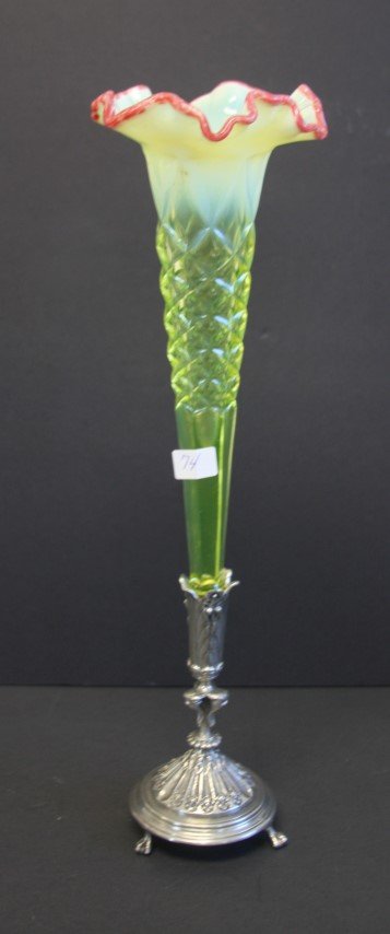 Victorian Style Vaseline Glass Epergne: Vaseline opalescent glass epergne. Silverplate holder; 17in.H.