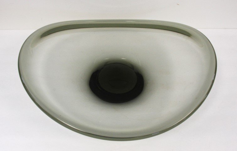 Holmegaard Per Lutken smoked glass Center Bowl: Mid Century Modern, smoked glass, signed and numbered, excellent condition, 15.75 x 14.5 x 4 h.