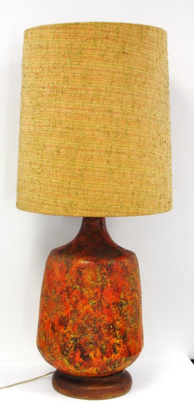 Mid Century large pottery base lamp, orange glazing (1 of 5)