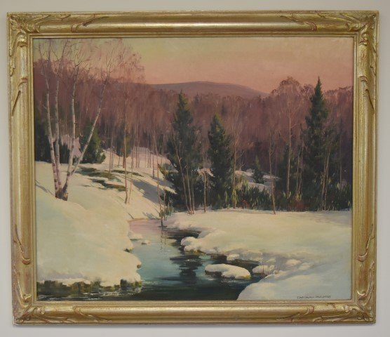 Edna Palmer Engelhart; American Oil Painting Signed: Oil on canvas, Eventide in the Poconos. Signed l.r. and inscribed with title on stretcher. Original handcarved gilt frame; 25in. X 30in.