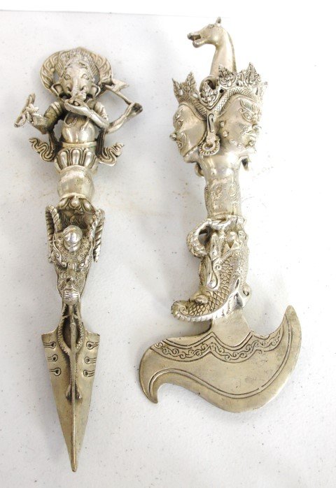 Pair Tibetian Silvered Bronze Daggers Relief Figures (1 of 6)