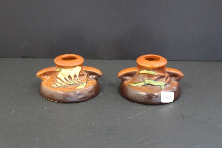 Pair of Roseville Pottery Candle Holders Signed (1 of 4)