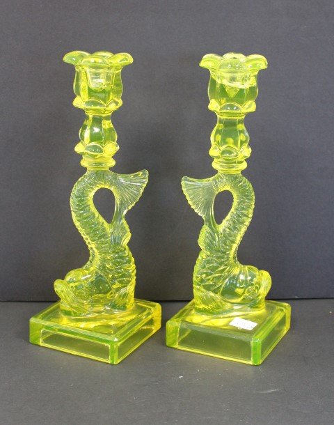 Pair of Victorian Vaseline Glass Candlesticks (1 of 4)