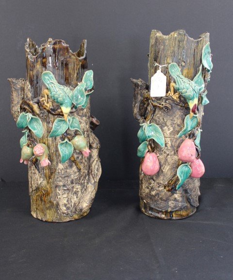 Pair of Majolica  Style Tree Trunk Vases (1 of 8)