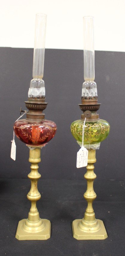 Pair of Early Brass and Glass Oil Lamps (1 of 3)