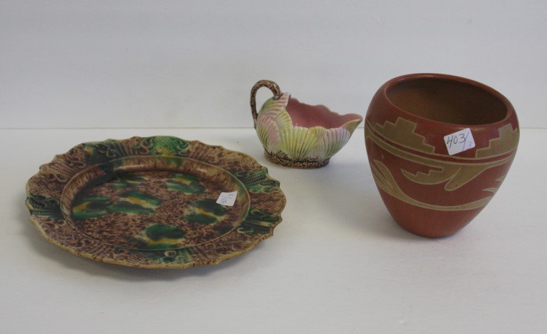 3 pc Grouping, Majolica and Pottery Vase (1 of 9)