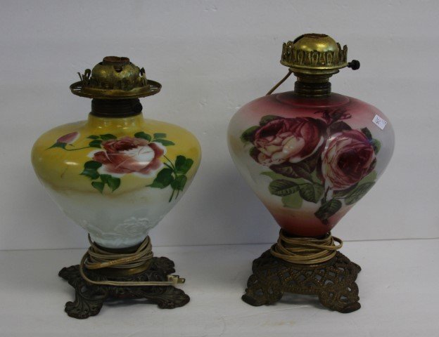 2 Victorian Hurricane Lamp Bases Floral Decorated (1 of 4)