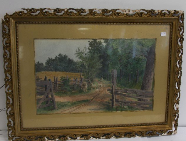 T H Wilkinson Watercolor Countryside with Sheep: watercolor, signed lower right T H Wilkinson, frame has damage , image size 12.5 x 20