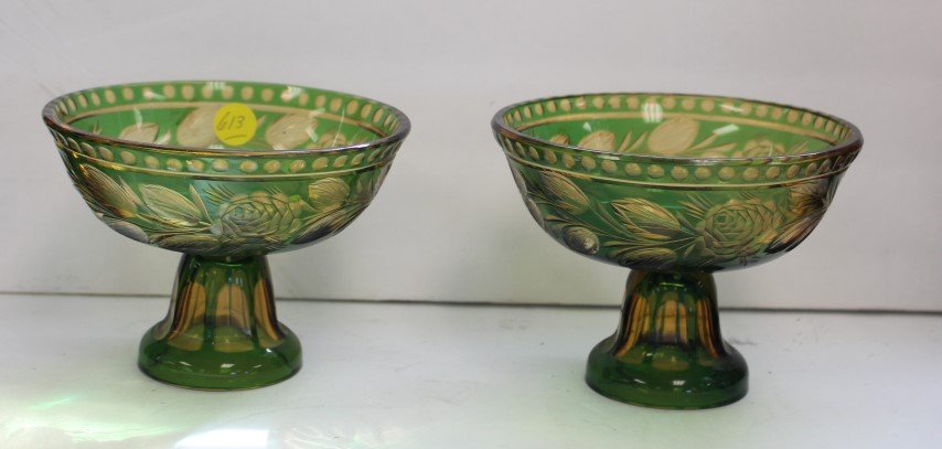Pair Stevens and Williams Green Complotes: matched pair, green to clear glass with cut roses, size 4.5 h., 5.75 diameter