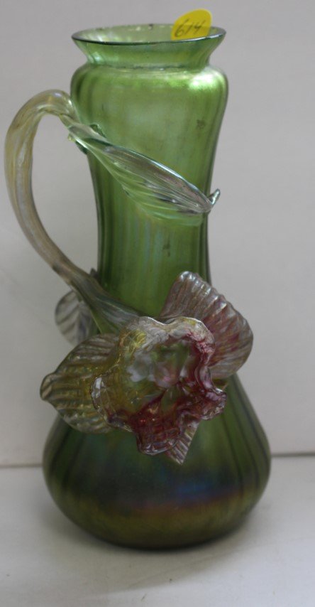 Green Loetz Vase with Applied Flower: having applied flower and leaf, size 8 h., 3.75 wide