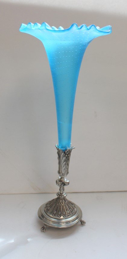 20th c. Blue Art Glass Vase Silverplate Holder (1 of 5)