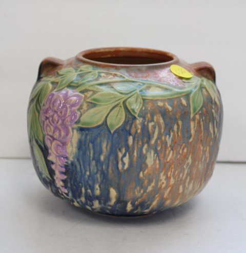 Roseville Pottery Arts and Crafts Wisteria Planter: unmarked Roseville, wisteria floral pattern, multi colored, size 5.5 h., 6.75 diameter