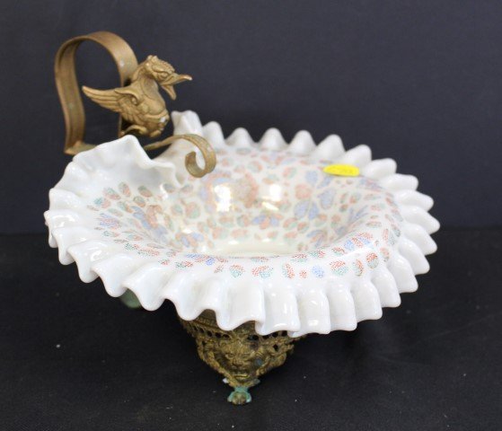 Victorian Fluted Glass Bowl Dragon Metal Holder: white glass bowl with pattern, metal holder with a dragon handle, size 6h., 8.25 w., 8 d.