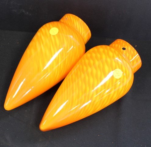 Pair 2oth C. Art Glass Orange Swirl Handing Lamp Shades (1 of 4)