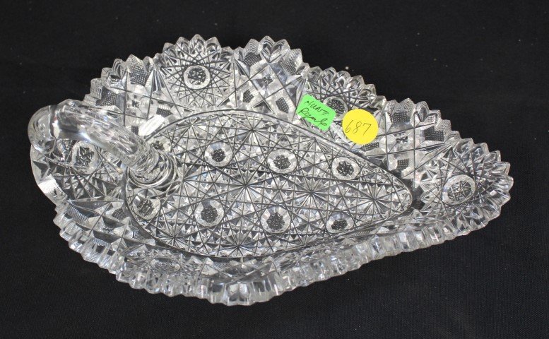 Hunt Royale Cut Glass Nappy Dish: Hunt Royale patter, nappy dish with handle, size 9 inches length, 3 inches wide