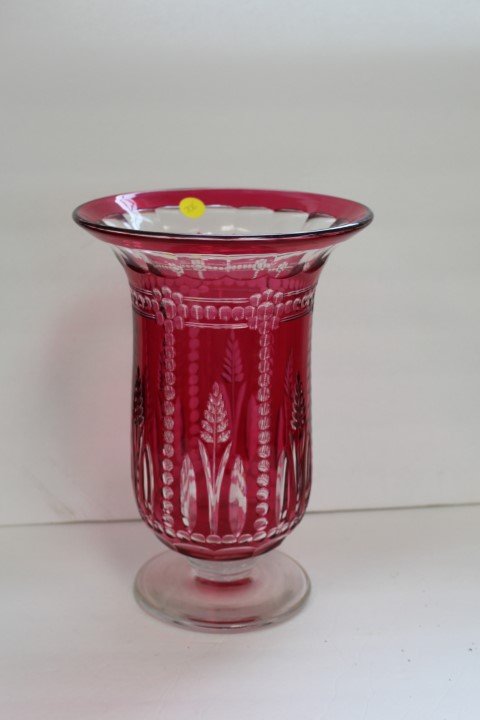 Large Bohemian Cranberry Cut to Clear Vase (1 of 6)