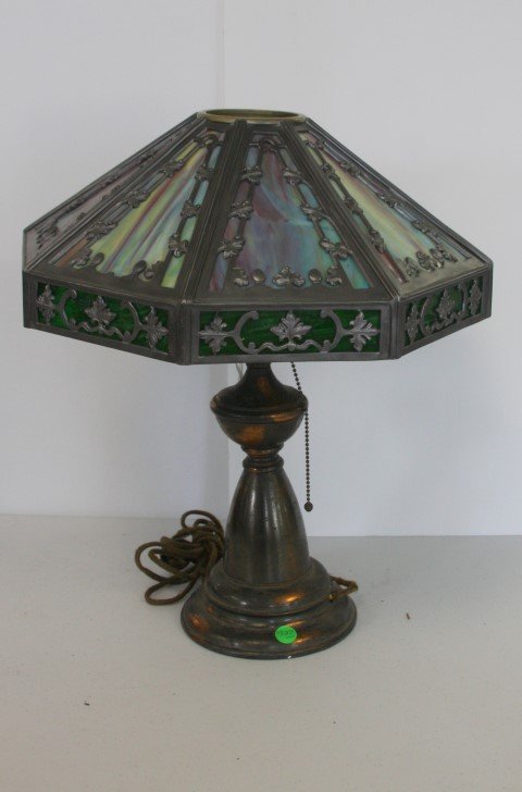 Slag Glass 8 Panel Table Lamp Purple Green border (1 of 4)