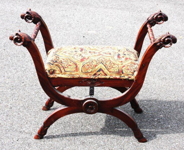 Carved Mahogany and Upholstered Window Bench (1 of 6)