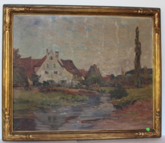 Franz Frankl; German Oil Painting Signed: Oil on cancvas, Village Landscape. Signed l.r. and inscribed Munchen. Hand carved Necomb Macklin frame; 26in. X 31.5in.