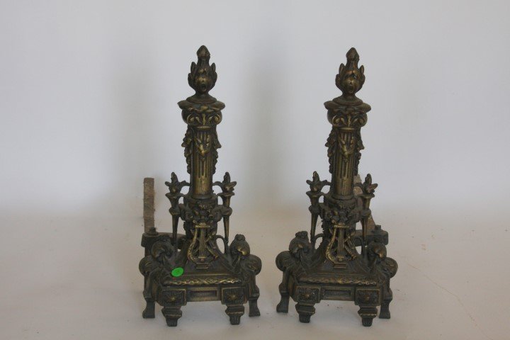 Pair of Fancy Bronzed Andirons: Pair of ornate bronzed andirons. 17.5in.H. x 9in.W.