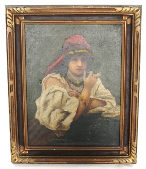 Continental School; Oil Portrait of a Gypsy: Oil on canvas, Portrait of a Gypsy. Carved frame; 17in. X 13in.