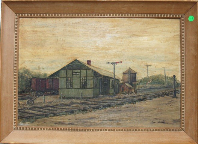 Louis Wolchonok; 20thC. Oil Painting Signed: Oil on canvasboard, Station Along the Tracks. Signed l.r.; 15in. X 22in.