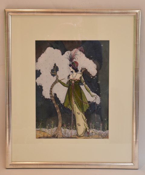 Georges Barbier; French Mixed Media Signed: Mixed media on paper, Woman in a Garden. Signed l.r. and dated 1913; 12.75in. X 9,5in.(image size)