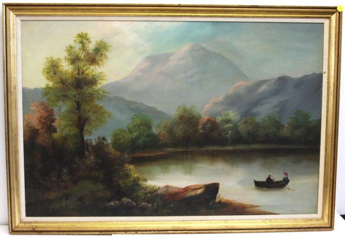 Unsigned, o/c, Man & Woman in Rowboat on Lake (1 of 4)