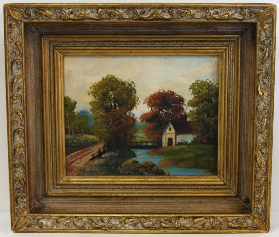 Claude Fineli; 20thC. Oil Painting Signed: Oil on canvasboard, Cottage in a Landscape. Signed l.r. Information on reverse; 8in. X 10in.