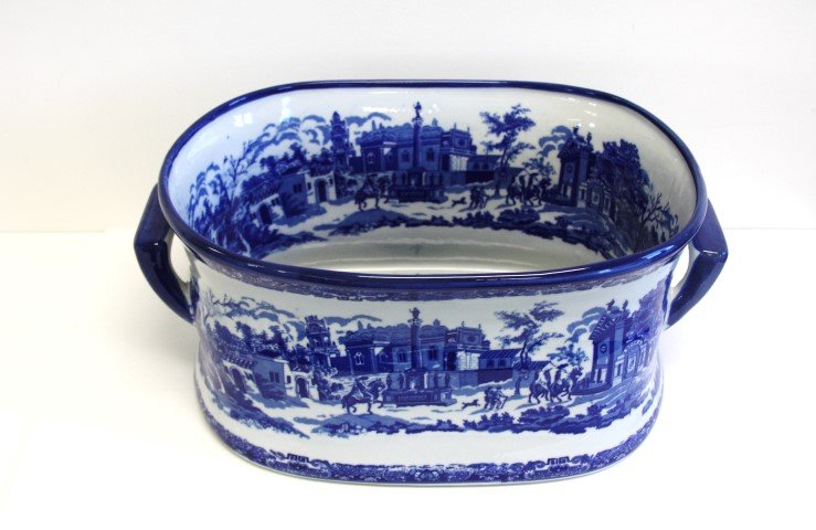 Ironstone Blue & White Foot Tub: ironstone porcelain, size 8 in. h.; 18 in. w.