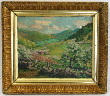 Wilson Irvine; American Oil Painting Signed: Oil on canvasboard, A Farmyard in Spring. Signed l.l. Inscribed with title on reverse; 10in. X 12in.