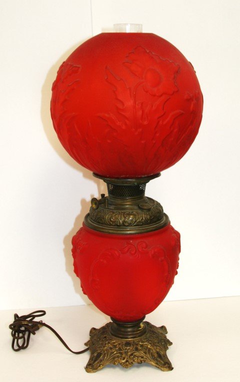 Bradley & Hubbard Red Satin Gone-With-The-Wind Lamp (1 of 7)